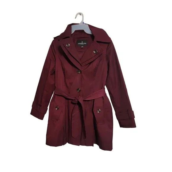 London Fog Burgundy WINE RED Trench Coat Petite Size SMALL Lined And Belted